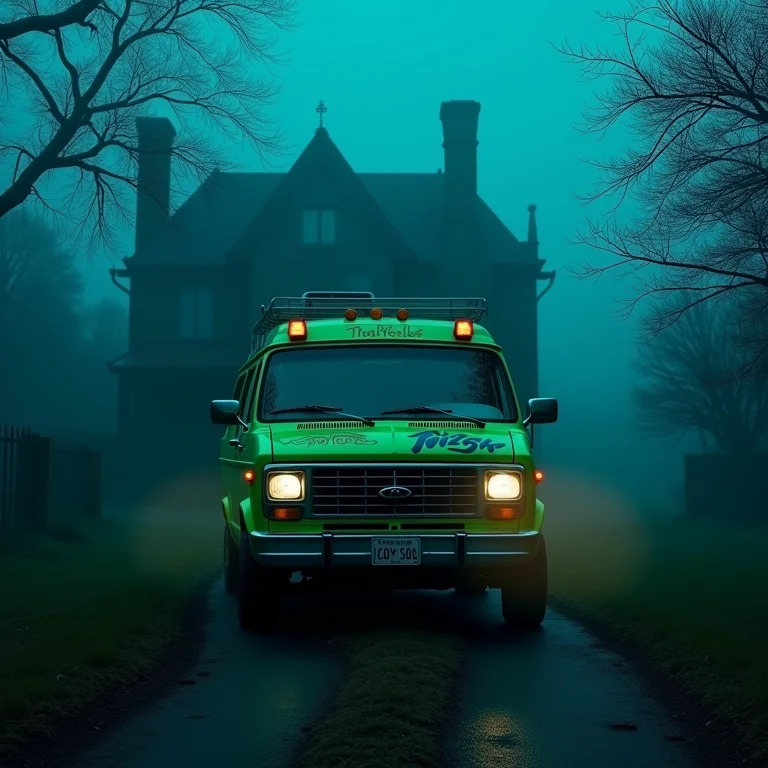 A icônica Mystery Machine estacionada em frente a uma mansão assustadora.