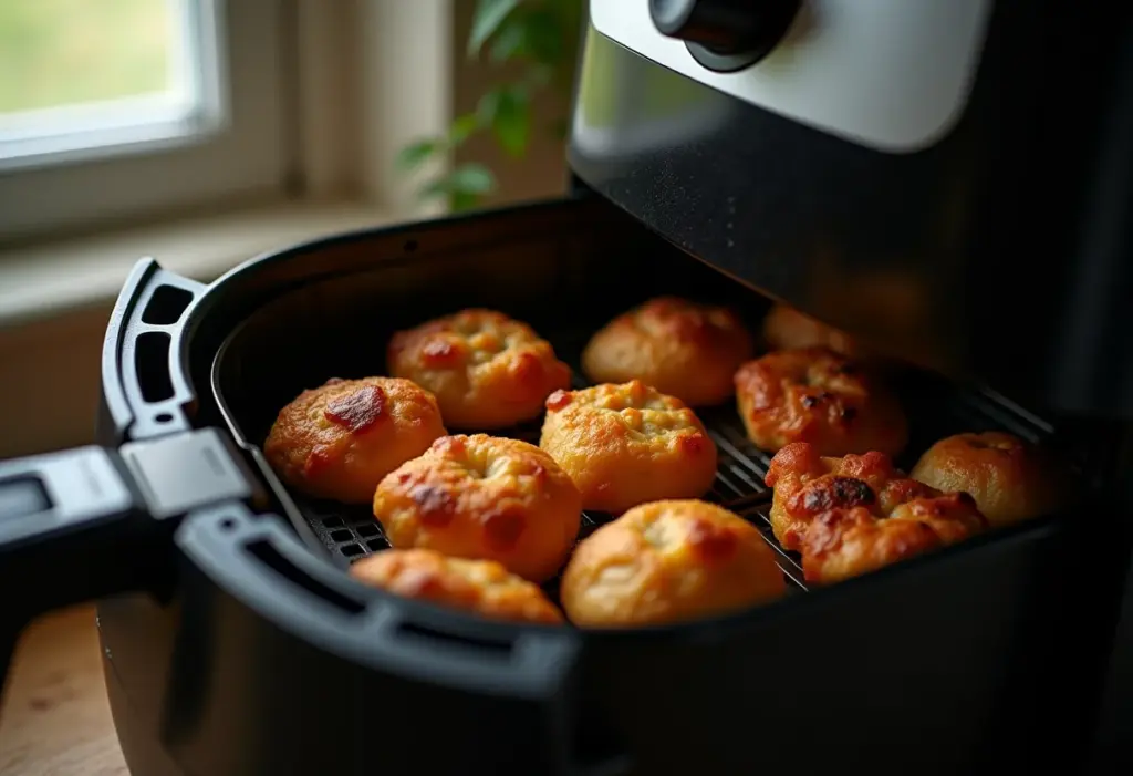 Air fryer com alimentos mal cozidos, alguns queimados e outros crus.