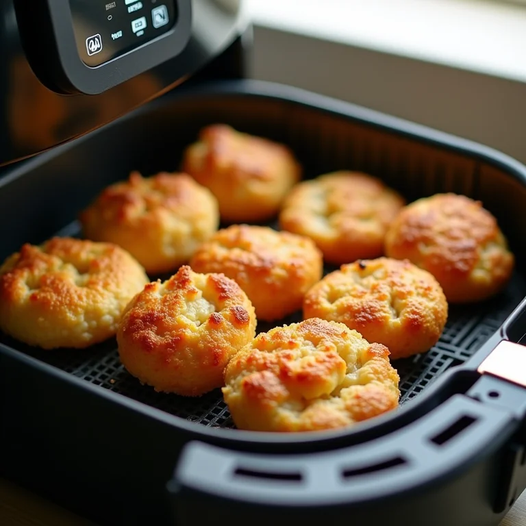 Alimentos em pequenas porções espaçadas na cesta da air fryer.