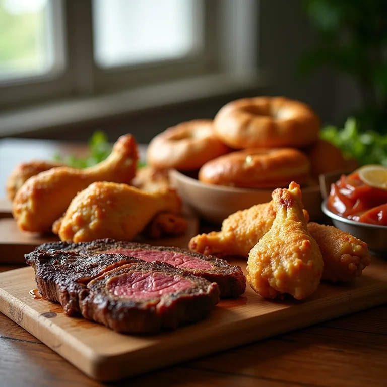 Alimentos que exigem pré-aquecimento na air fryer: bife, doces e asas de frango.