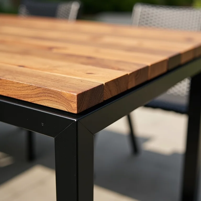 Amostras de materiais para mesa de jardim: madeira teca, ferro forjado e vime sintético.