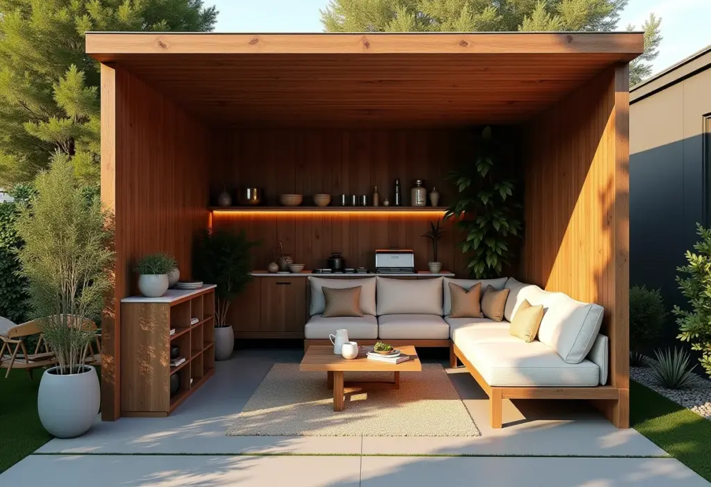 Área gourmet pequena com pergolado: 7 ideias geniais (e baratas) Área gourmet pequena com pergolado de madeira e móveis estilosos