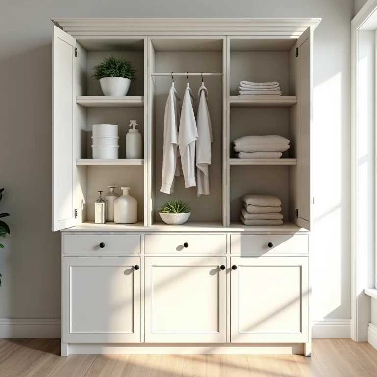 Armário embutido com nichos para organizar itens na área de serviço.