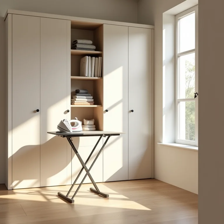 Armário embutido com tábua de passar embutida otimizando o espaço na área de serviço.