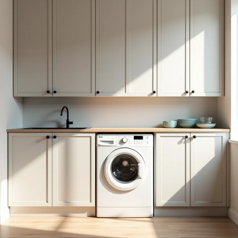 Armário embutido horizontal aproveitando espaço na parede da área de serviço.