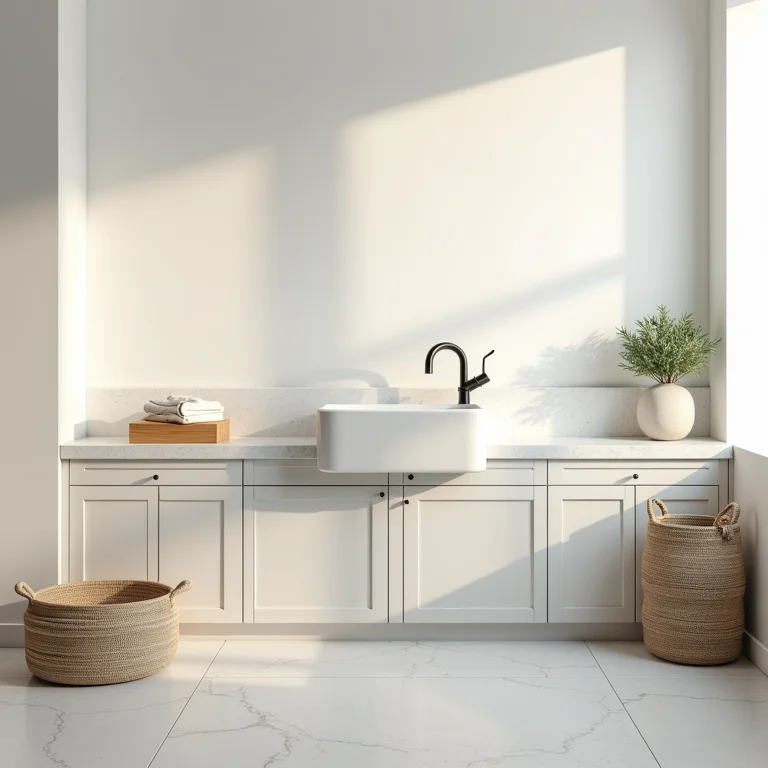 Armário embutido sob a pia otimizando o espaço na área de serviço.