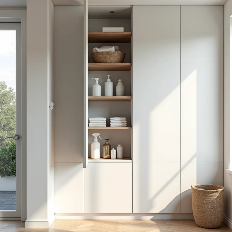 Armário embutido vertical otimizando espaço em área de serviço pequena.