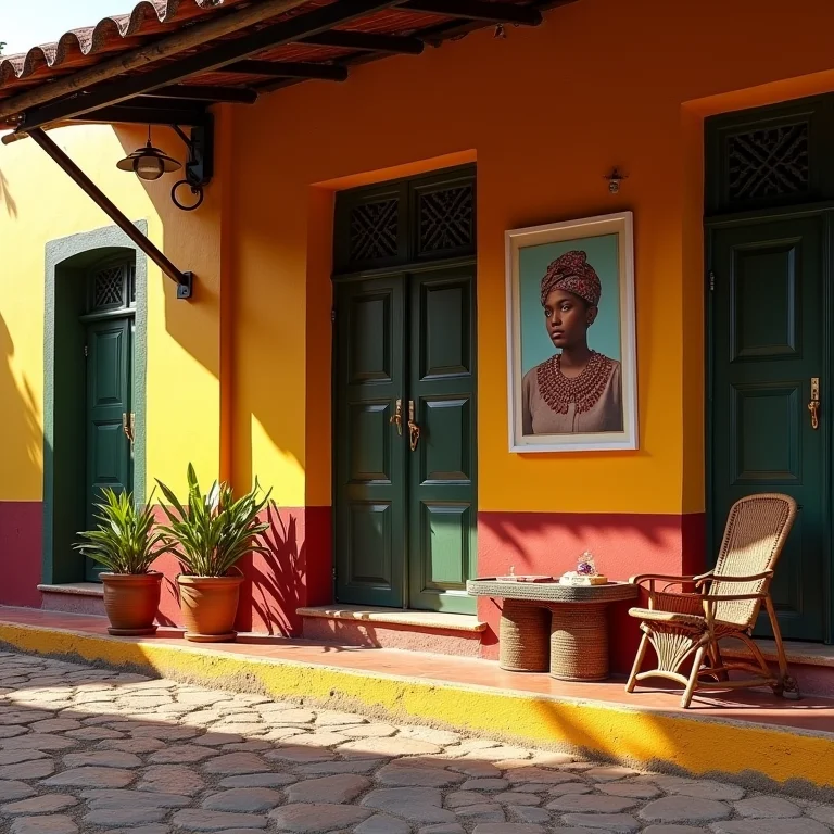 Arquitetura colonial colorida em Salento, Colômbia, com destaque para grãos de café e artesanato local.
