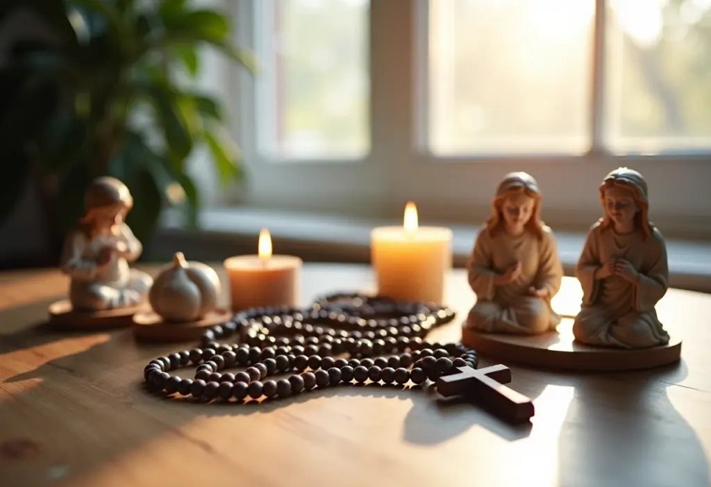 Loja de artigos religiosos: o guia definitivo para montar a sua Arranjo de artigos religiosos em mesa de madeira iluminada por luz natural.