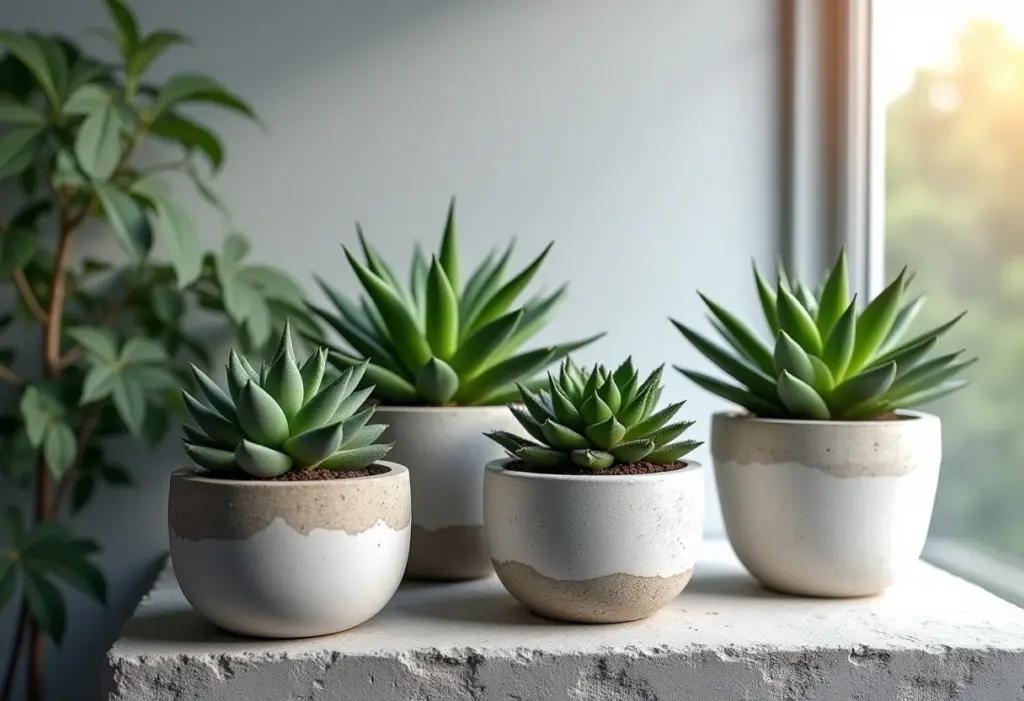 Arranjo de vasos de cimento com plantas em luz natural suave