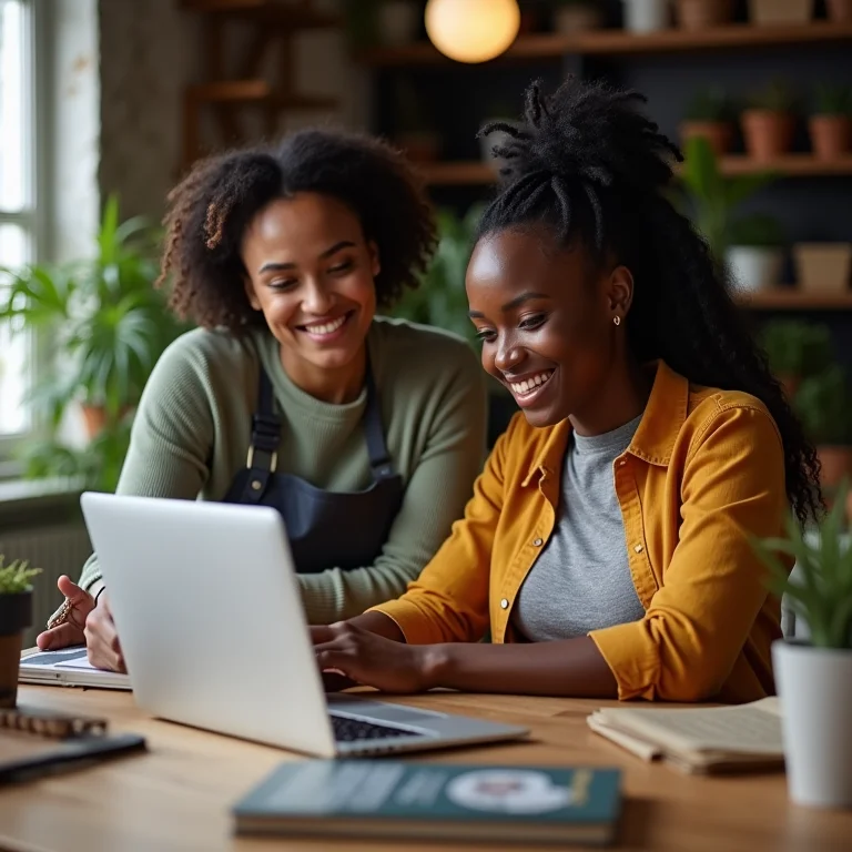 Artesã interagindo com cliente pelo laptop