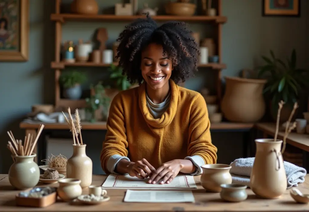 Artesã sorrindo cercada de seus produtos feitos à mão