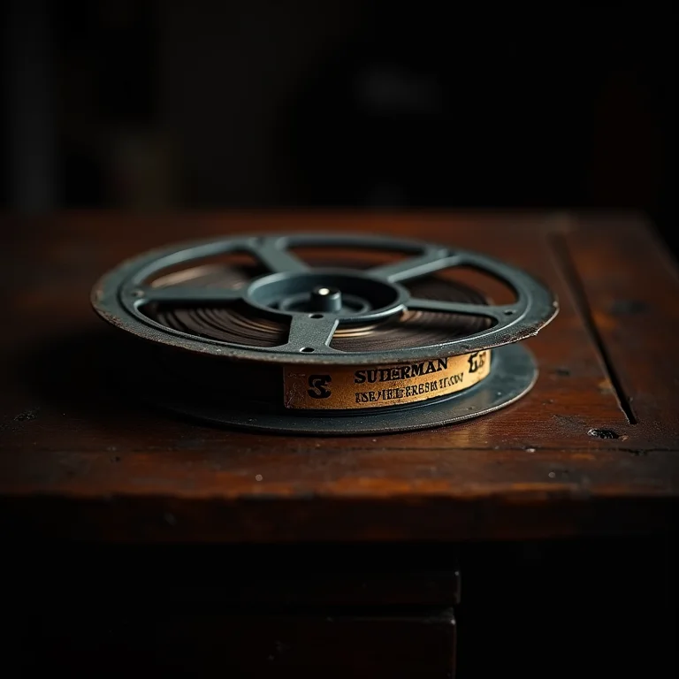 Bobina de filme vintage do Superman em uma mesa de madeira escura