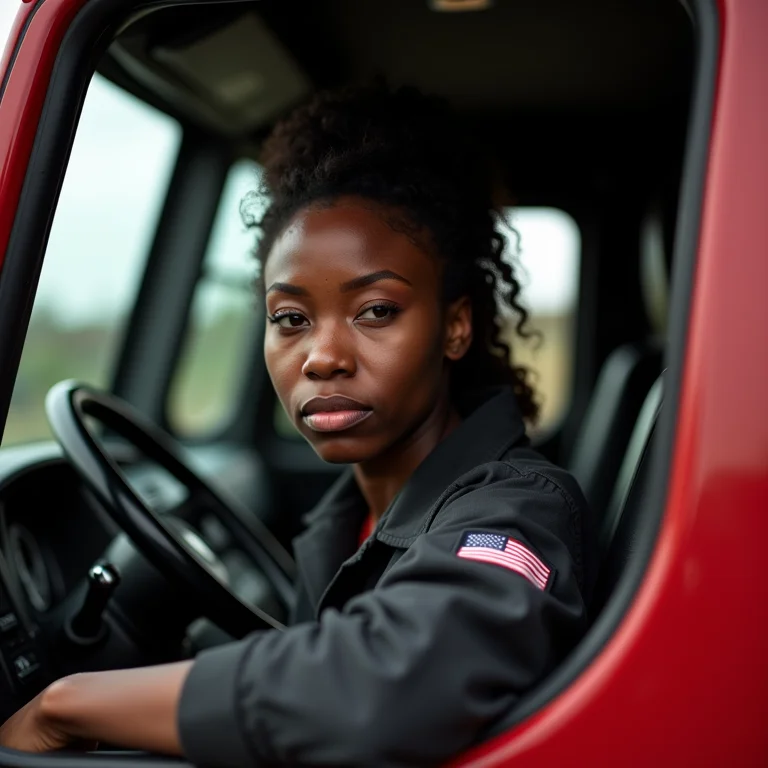 Bombeira negra pensativa sentada em caminhão de bombeiros
