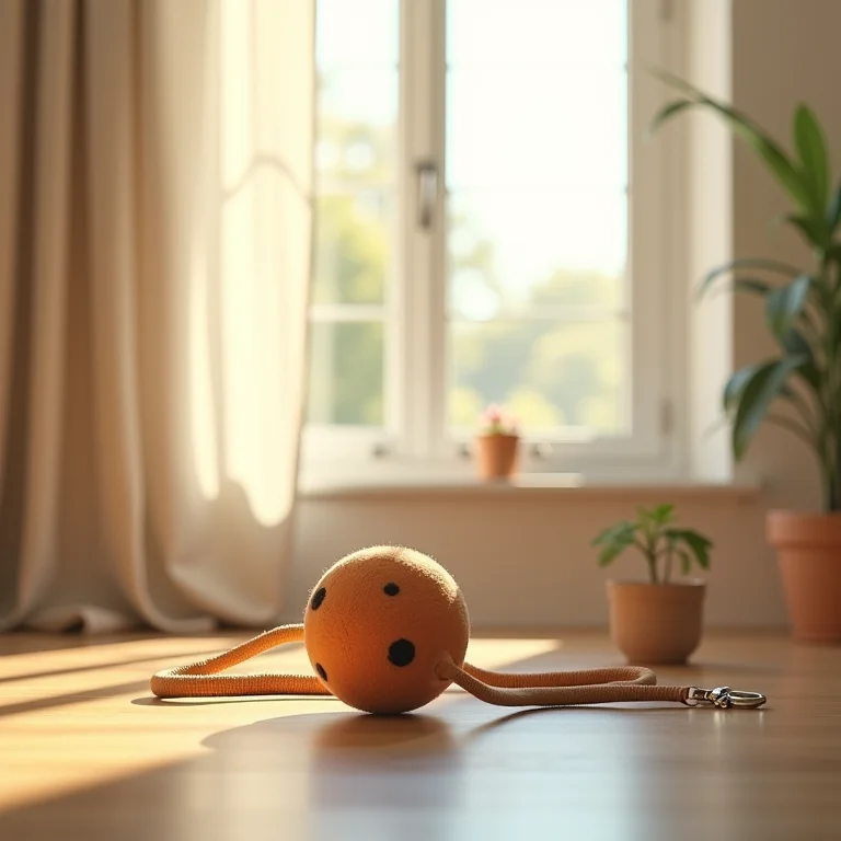 Brinquedo de cachorro, coleira e janela com luz solar