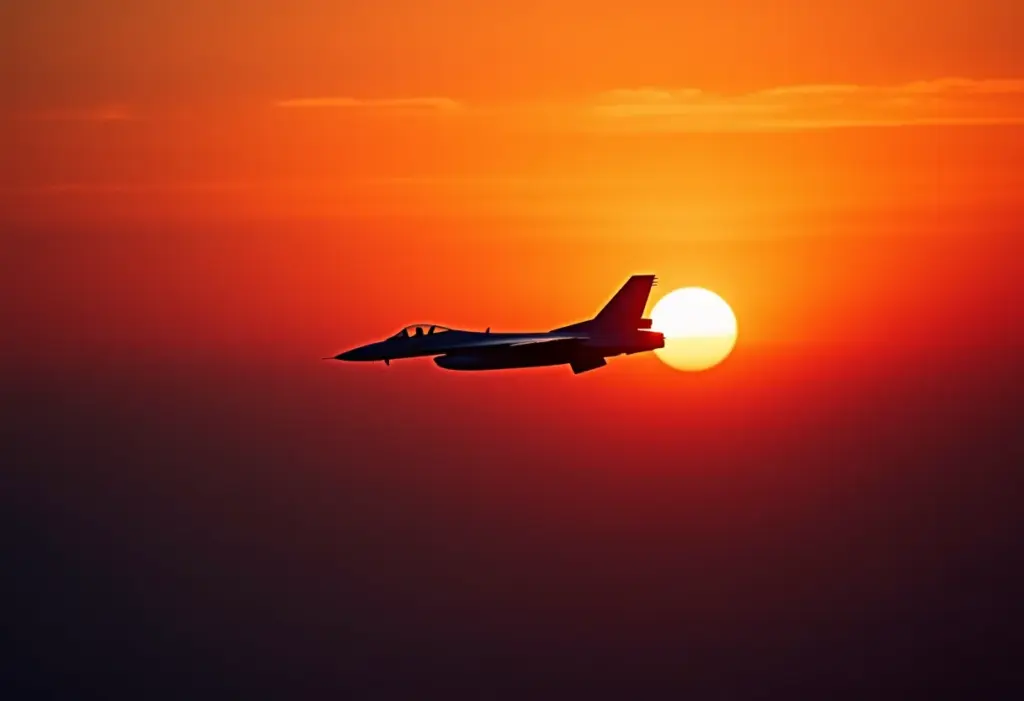 Caça sobrevoando o céu ao pôr do sol, cores vibrantes