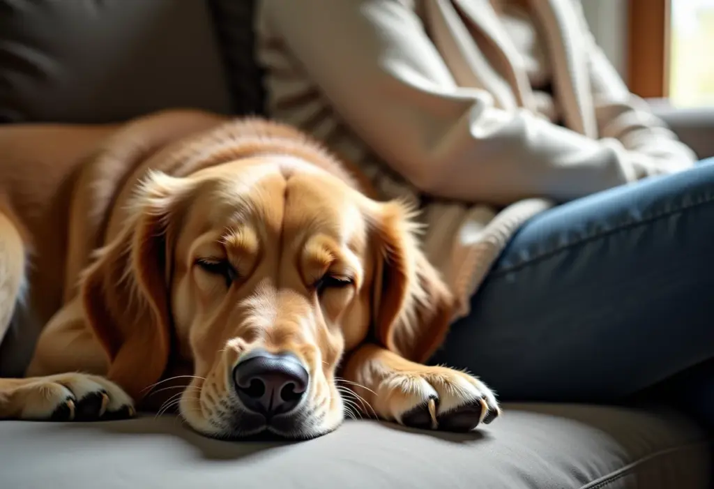 Cachorro dormindo encostado na dona, transmitindo conforto e segurança.