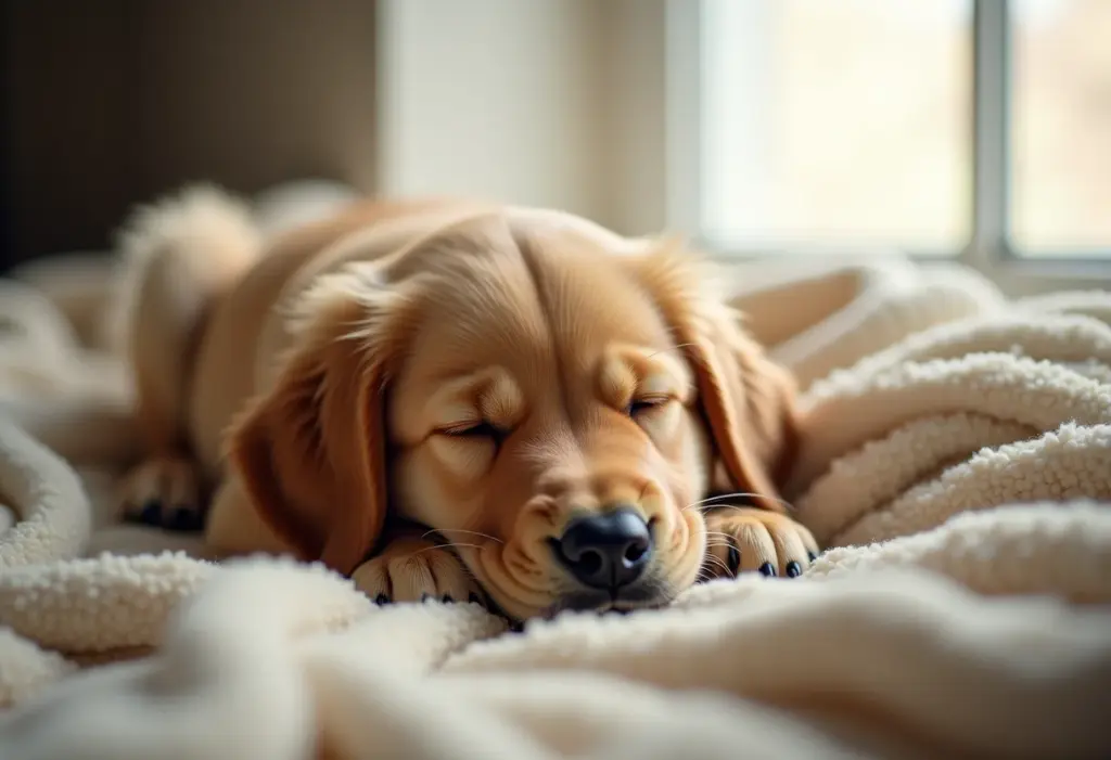 Cachorro filhote dormindo profundamente em cobertor macio