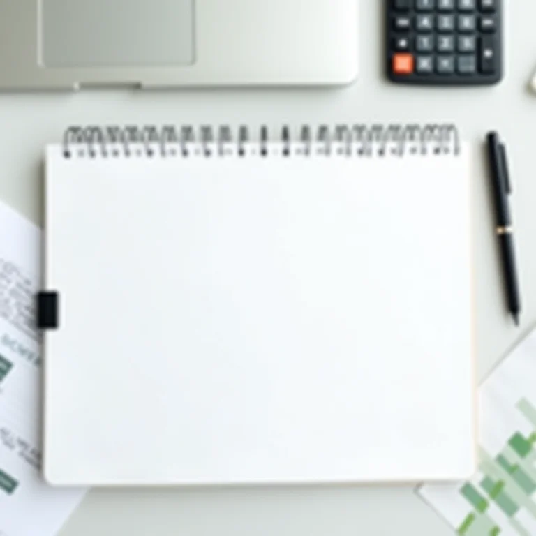 Caderno, caneta, calculadora e documentos financeiros.