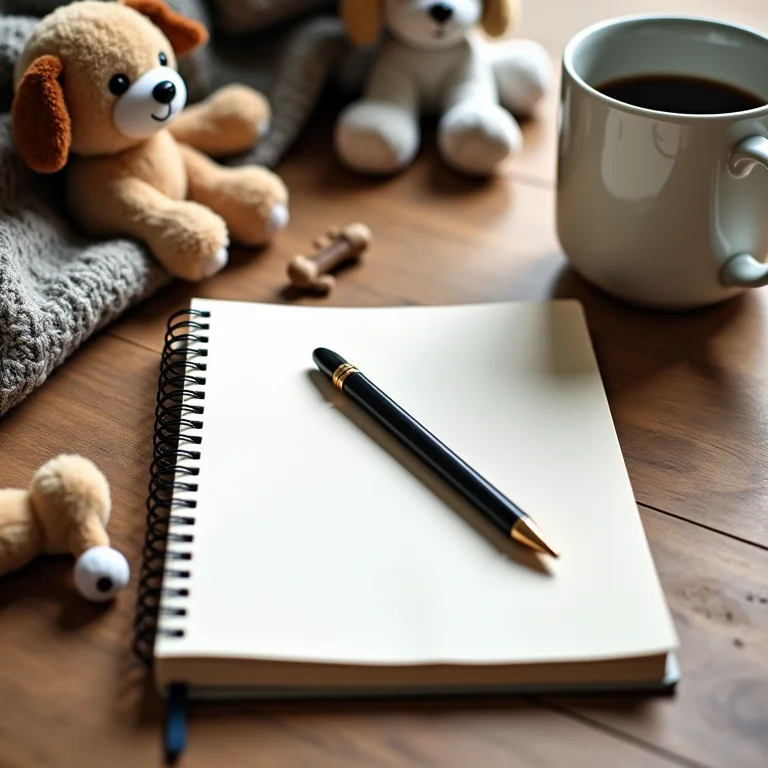 Caderno, caneta e brinquedos de cachorro