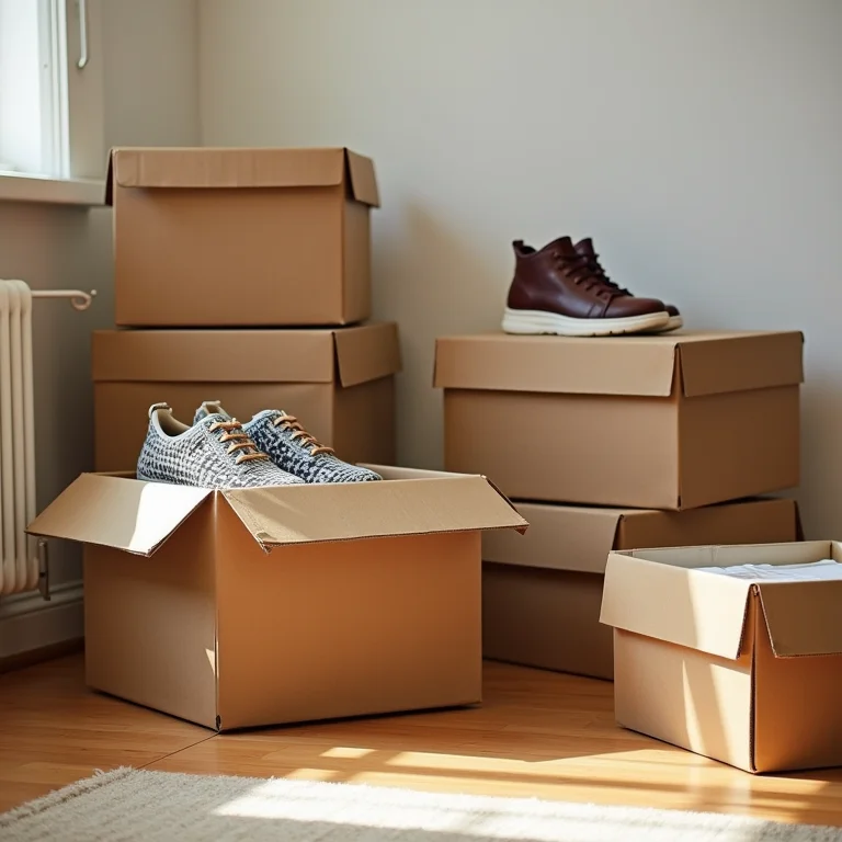 Caixas de papelão reaproveitadas para organizar sapatos.