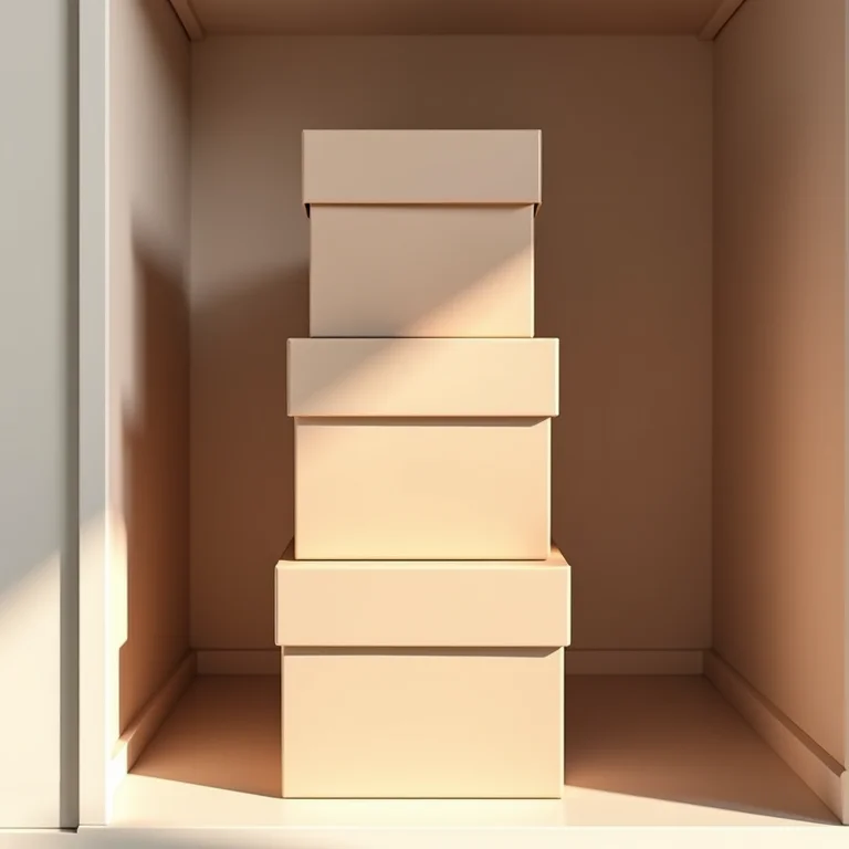 Caixas de sapatos empilhadas verticalmente para otimizar o espaço.