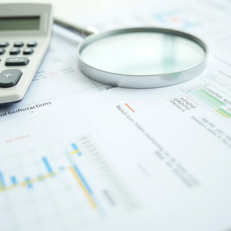 Calculadora, gráficos financeiros e lupa sobre documento fiscal.