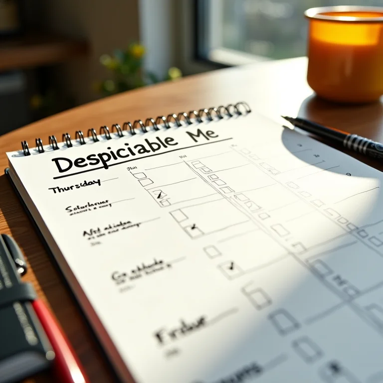 Calendário com datas marcadas, caderno, caneta e checklist com a frase 'Série de Filmes Meu Malvado Favorito'.