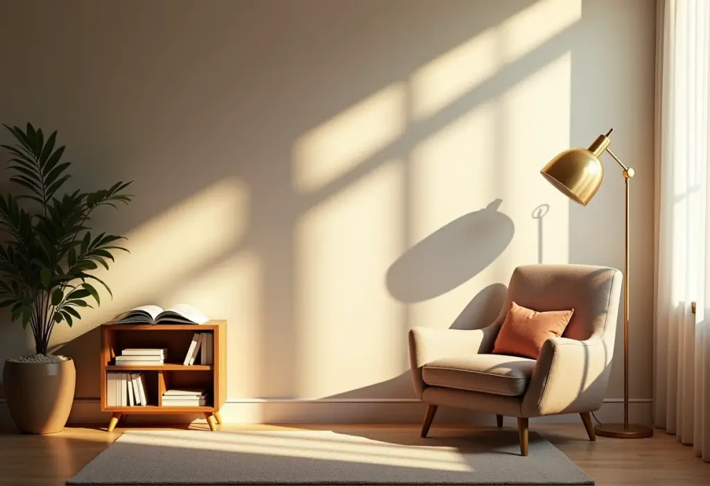 Cantinho de leitura aconchegante com poltrona confortável e iluminação suave