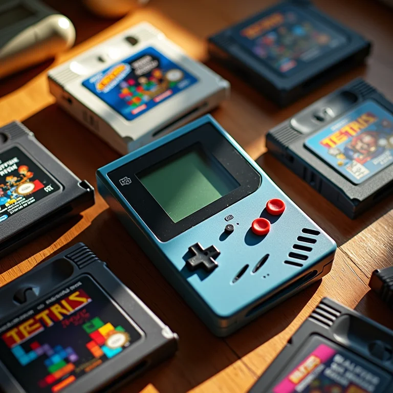 Cartuchos de Tetris e console vintage em uma composição flat lay.