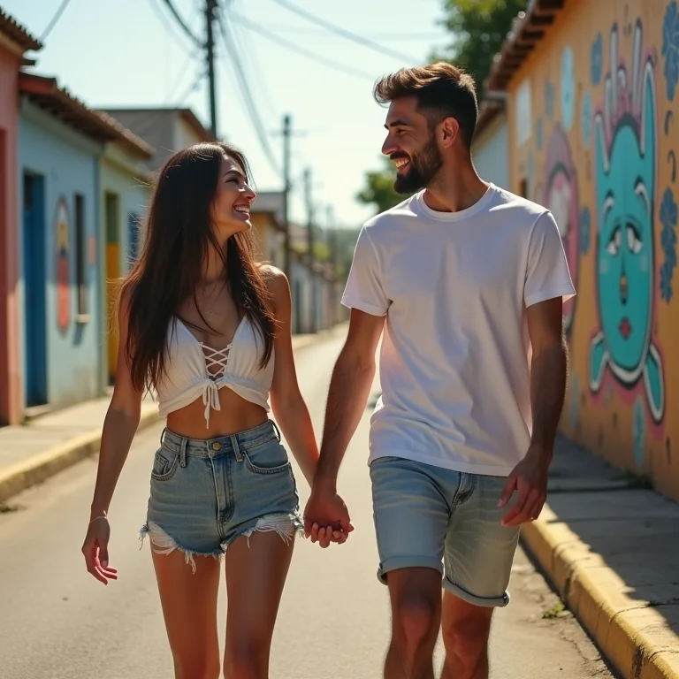 Casal explorando a arte de rua no bairro do Bom Jesus em Recife.