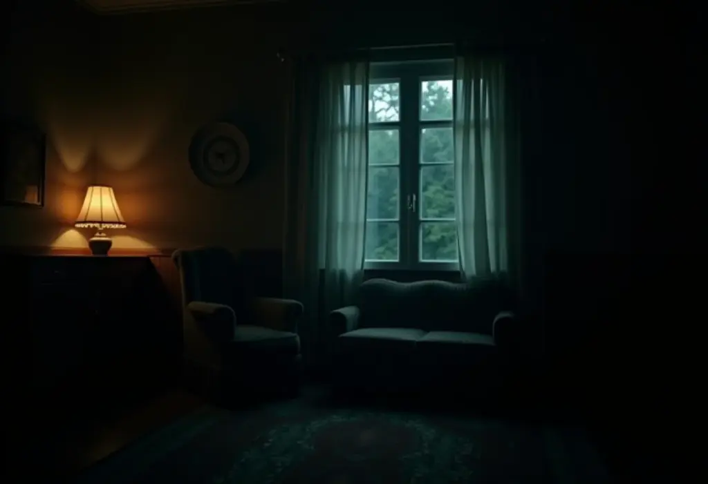 Cena misteriosa de sala de estar com elementos sobrenaturais.