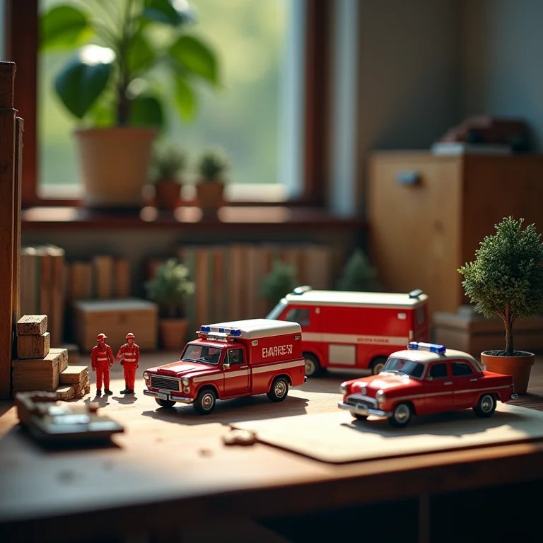 Cenários de emergência em miniatura dispostos em uma mesa