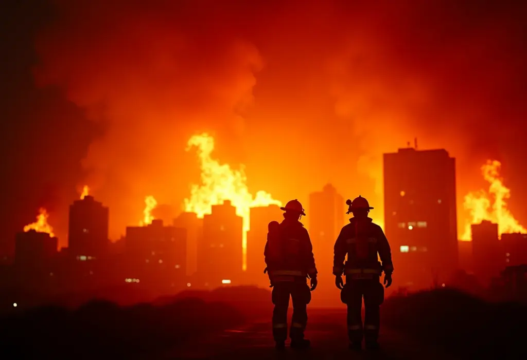 Chamas intensas consumindo a cidade, bombeiros em silhueta