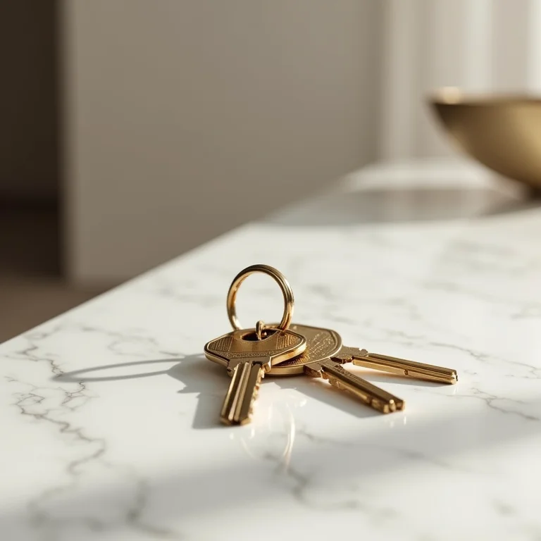 Chaves de casa elegantes sobre uma bancada de mármore