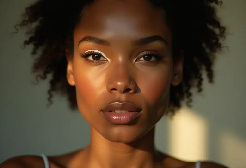 Close-up de mulher com delineado branco rejuvenescedor.