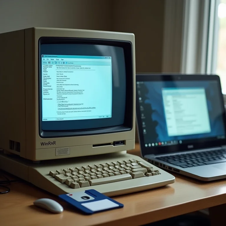 Comparativo entre a interface do WinRAR em um computador antigo e em um laptop moderno