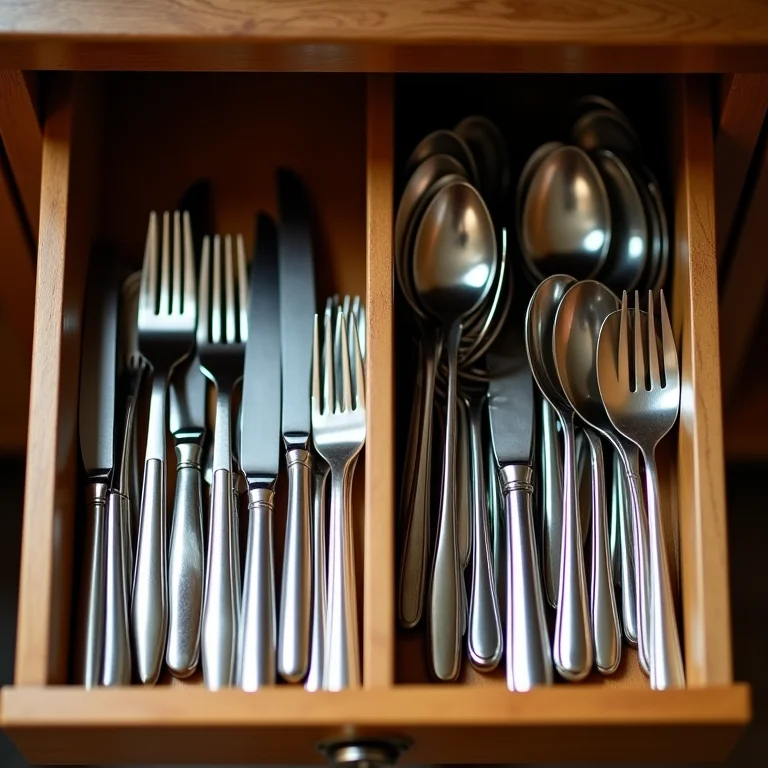 Comparativo: gaveta de talheres organizada versus desorganizada