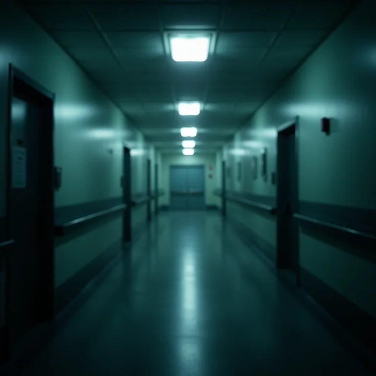 Corredor de hospital escuro com luzes piscando