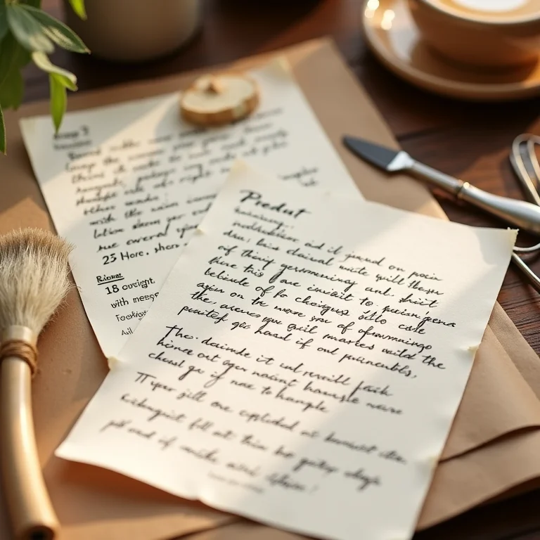 Descrições de produtos artesanais escritas à mão em papel kraft
