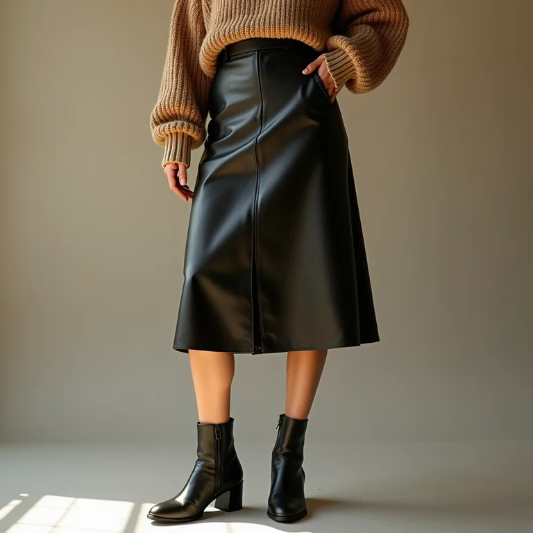 Detalhes de look com saia de couro sintético