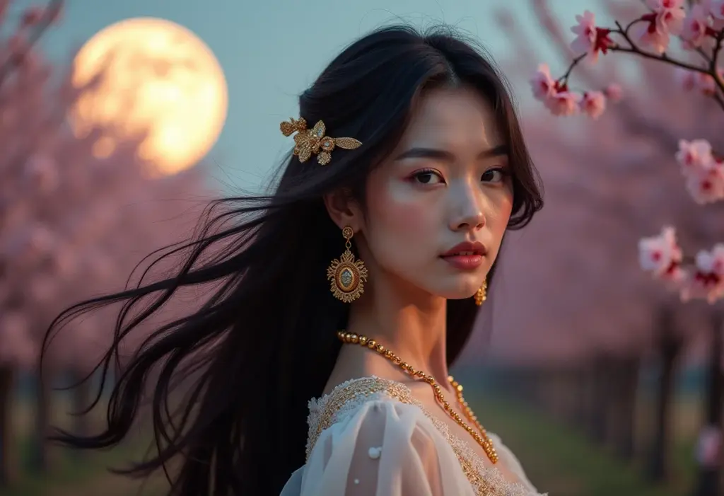 Deusa em meio a flores de cerejeira sob a luz da lua.