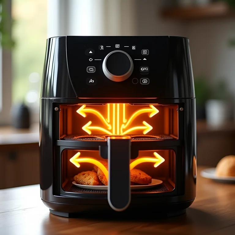 Diagrama do fluxo de ar dentro de uma air fryer.