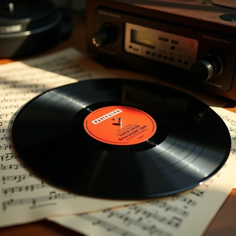 Disco de vinil com a música 'Danger Zone' e equipamentos de gravação vintage