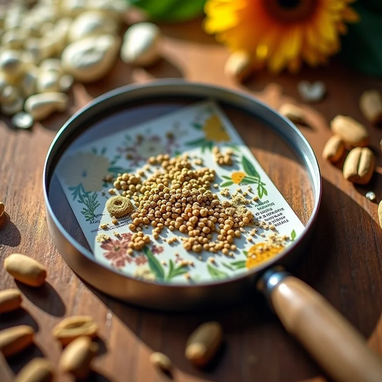 Diversas sementes e uma lupa sobre uma mesa.
