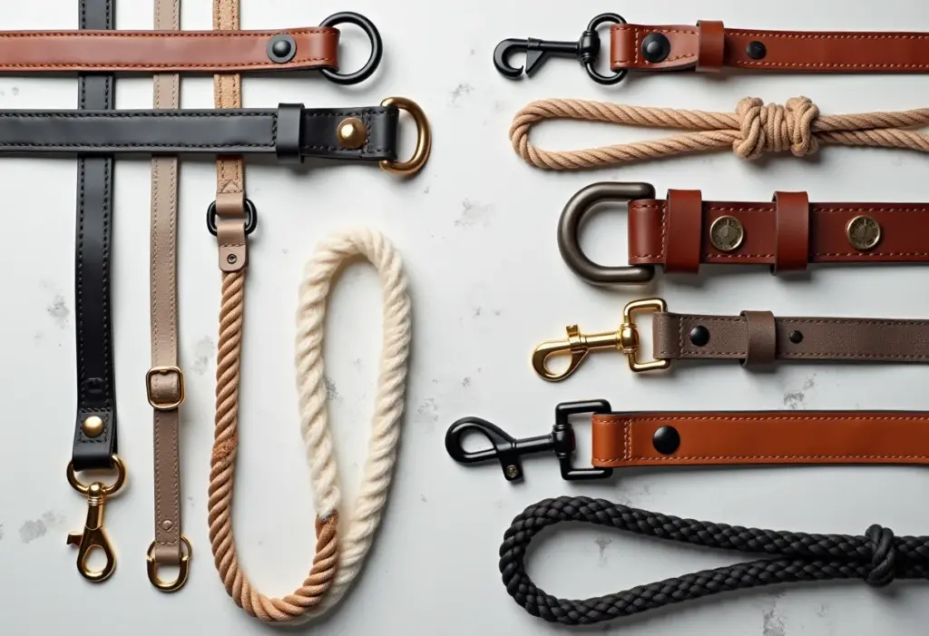 Diversos modelos de coleiras e guias para cachorro com a letra B