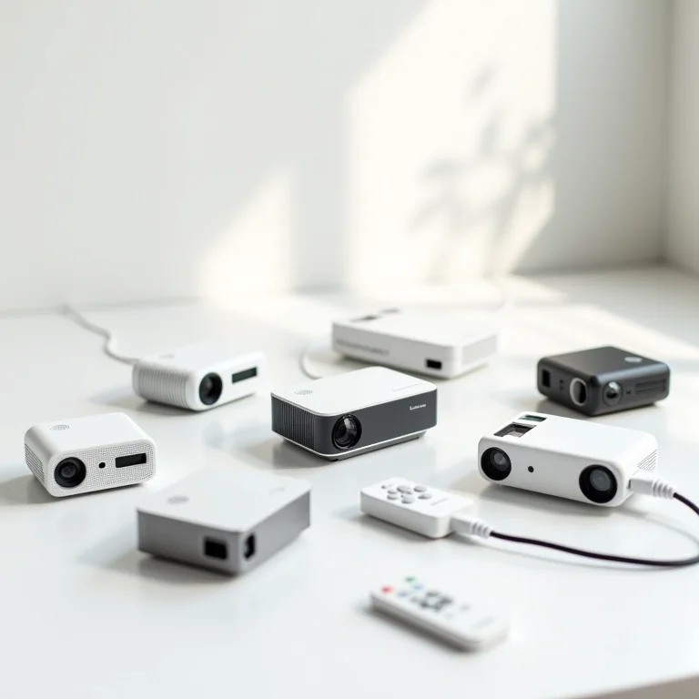 Diversos modelos de mini projetores portáteis em fundo branco