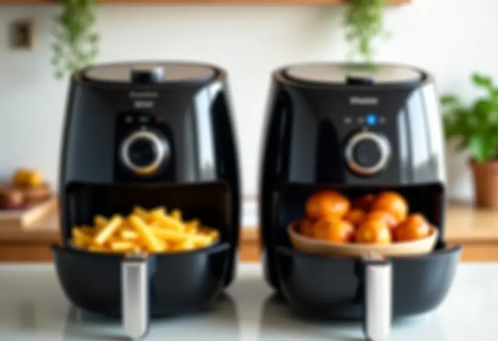 Air Fryer: Mundial vs Philips Walita, qual a melhor opção? Duas air fryers, Mundial e Philips Walita, cozinhando batatas fritas e frango.