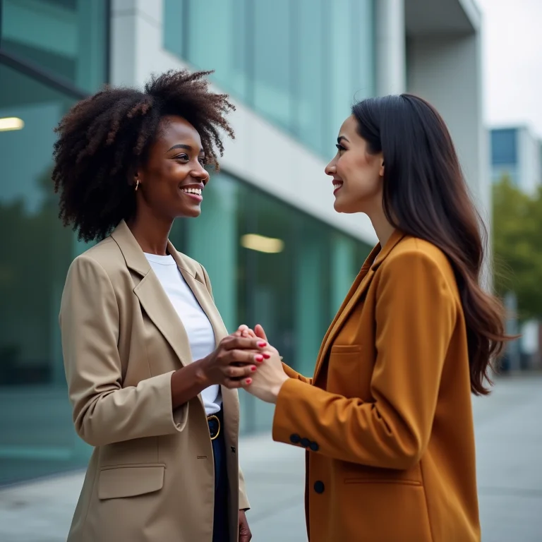 Duas mulheres diversas apertando as mãos em frente a um prédio moderno