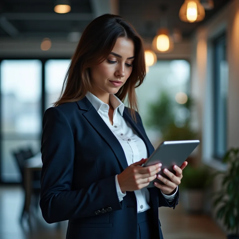 Empresária analisando dados de mercado em um tablet, representando o cenário atual da revenda.